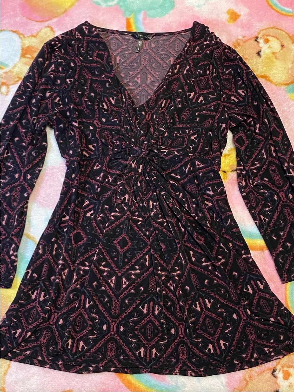 Women's Black & Wine Colored Twist-Front 3/4 Sleeve Babydoll Top